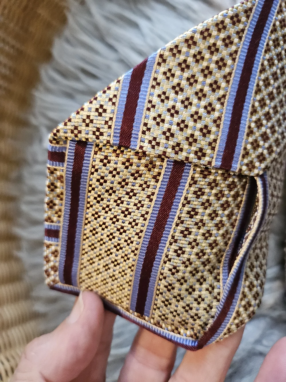 Barneys New York Gold, Maroon Brown & Light Blue Striped Silk Tie 3.5